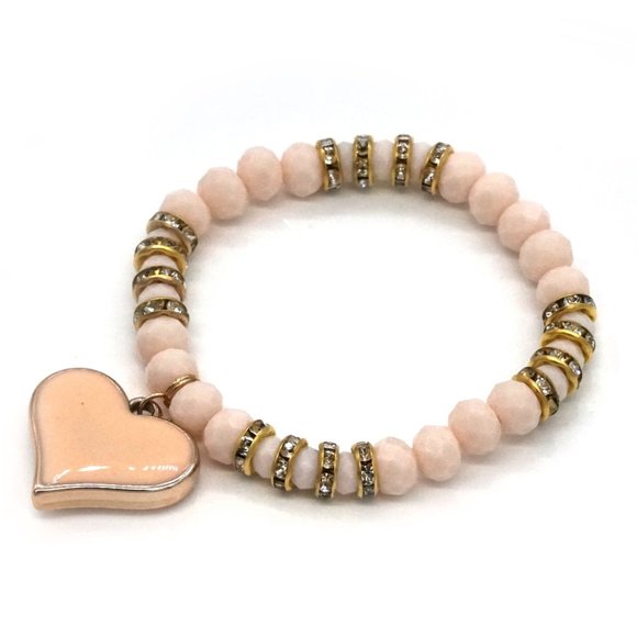 Bracelet with Peach Heart Charm and Beads. Gold Rhinestone accents. OS. - Picture 1 of 2